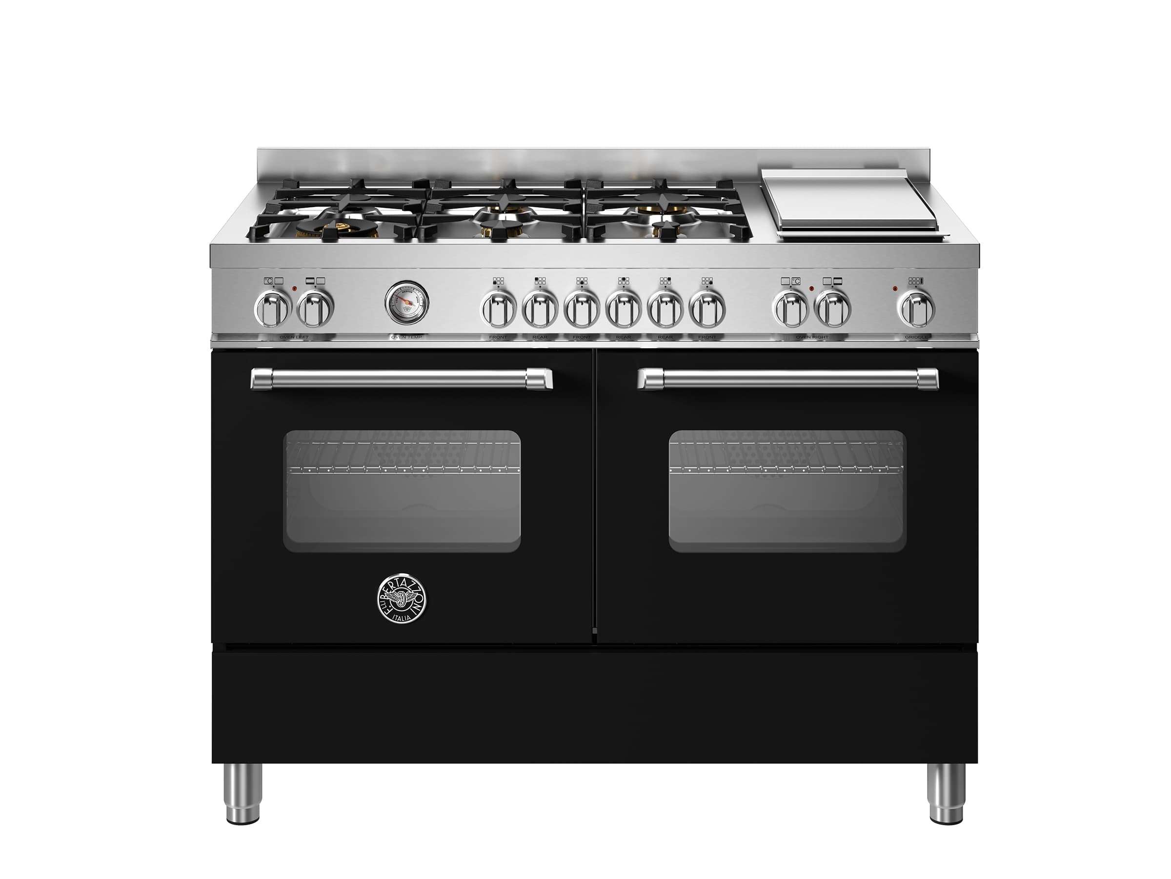 Плита электрическая Bertazzoni Master 120 см, 6 газовых конфорок + электрическая Teppan-yaki, двойная многофункциональная духовка