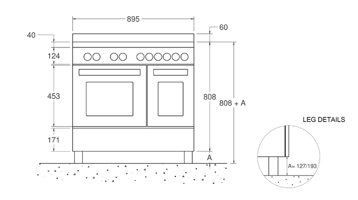 Чертеж Bertazzoni Heritage 90 см: плита с 6 газовыми конфорками и двумя электрическими духовками