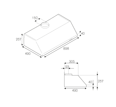 Чертеж Вытяжка Bertazzoni Professional, 90 см, подшкафная, 1 мотор, нержавеющая сталь